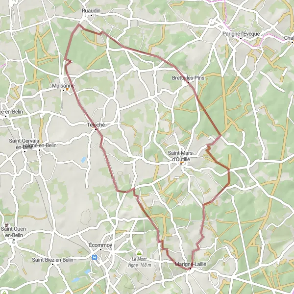 Map miniature of "Scenic Gravel Ride near Marigné-Laillé" cycling inspiration in Pays de la Loire, France. Generated by Tarmacs.app cycling route planner