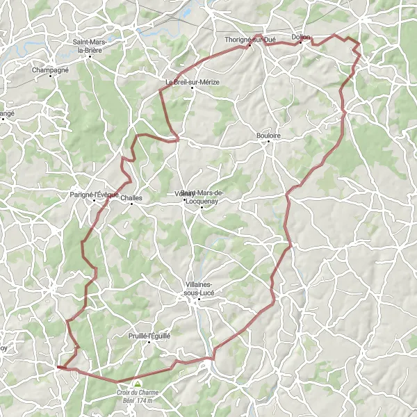 Map miniature of "Gravel Adventure through Surfonds and Dollon" cycling inspiration in Pays de la Loire, France. Generated by Tarmacs.app cycling route planner