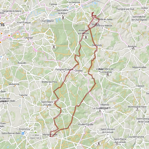 Map miniature of "Scenic Gravel Trail through Marigné-Laillé and Soulicitré" cycling inspiration in Pays de la Loire, France. Generated by Tarmacs.app cycling route planner