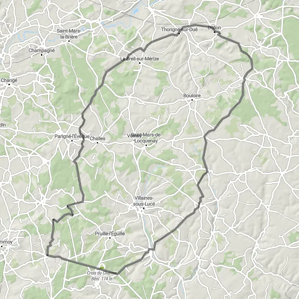 Map miniature of "Challenging Road Route through Ardenay-sur-Mérize and Coudrecieux" cycling inspiration in Pays de la Loire, France. Generated by Tarmacs.app cycling route planner