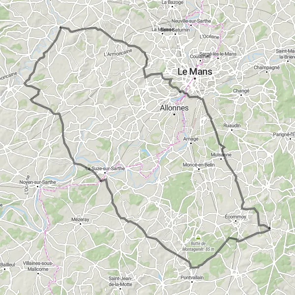 Map miniature of "Epic Road Cycling Tour near Marigné-Laillé" cycling inspiration in Pays de la Loire, France. Generated by Tarmacs.app cycling route planner