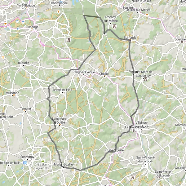 Map miniature of "Relaxing Road Ride through Saint-Mars-d'Outillé and Les Loudonneaux" cycling inspiration in Pays de la Loire, France. Generated by Tarmacs.app cycling route planner