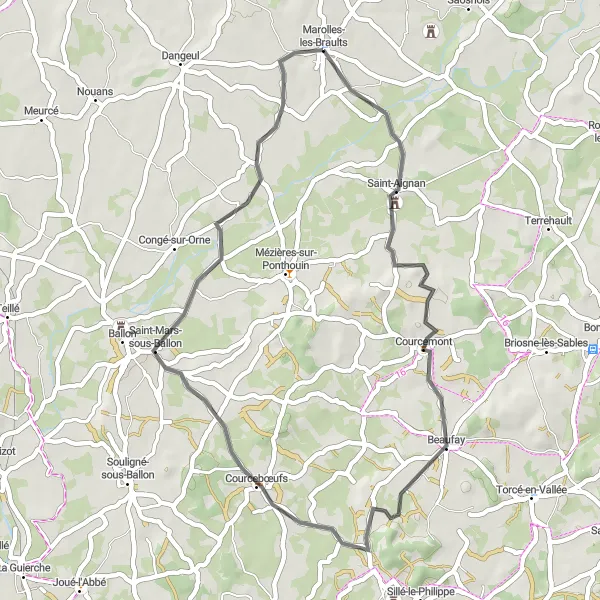 Map miniature of "Countryside Delight near Marolles-les-Braults" cycling inspiration in Pays de la Loire, France. Generated by Tarmacs.app cycling route planner