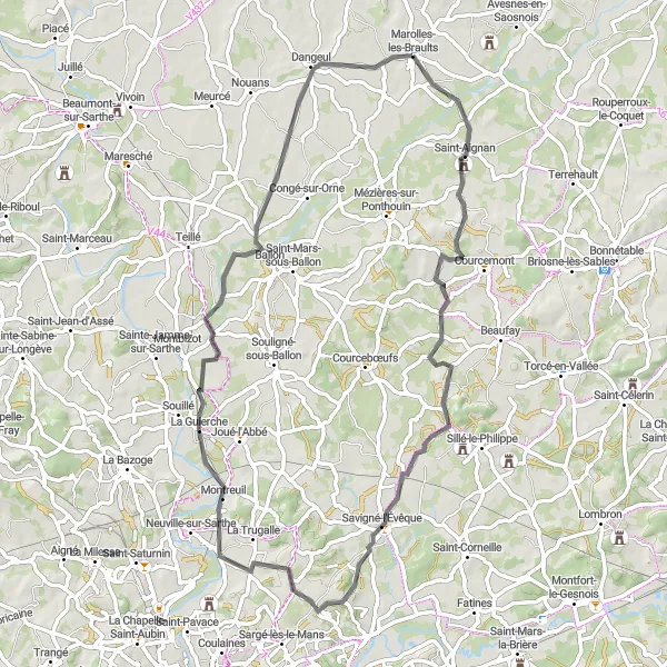 Map miniature of "Château de Saint-Aignan Road Cycling Route" cycling inspiration in Pays de la Loire, France. Generated by Tarmacs.app cycling route planner