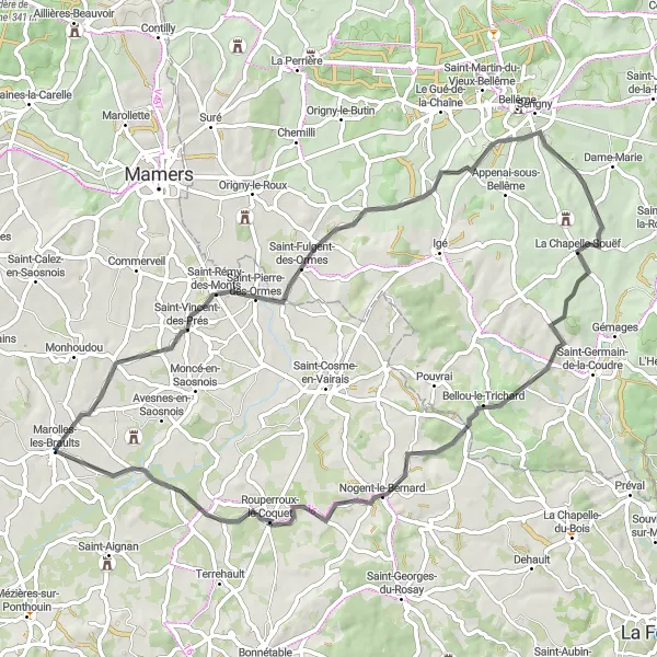 Miniature de la carte de l'inspiration cycliste "Boucle de 64 km à la découverte de Nogent-le-Bernard" dans la Pays de la Loire, France. Générée par le planificateur d'itinéraire cycliste Tarmacs.app