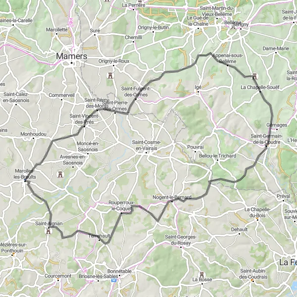 Map miniature of "Saint-Vincent-des-Prés to Marolles-les-Braults Road Cycling Route" cycling inspiration in Pays de la Loire, France. Generated by Tarmacs.app cycling route planner