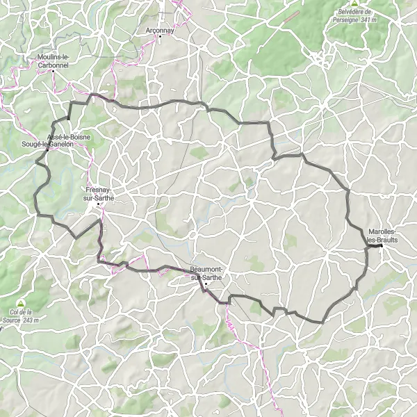 Miniature de la carte de l'inspiration cycliste "Boucle à travers la Vallée de la Sarthe" dans la Pays de la Loire, France. Générée par le planificateur d'itinéraire cycliste Tarmacs.app
