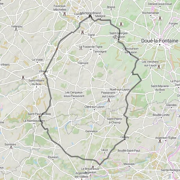 Map miniature of "Concourson-sur-Layon Loop" cycling inspiration in Pays de la Loire, France. Generated by Tarmacs.app cycling route planner