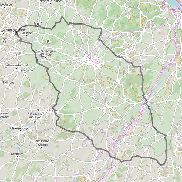 Map miniature of "Brigné Loop" cycling inspiration in Pays de la Loire, France. Generated by Tarmacs.app cycling route planner