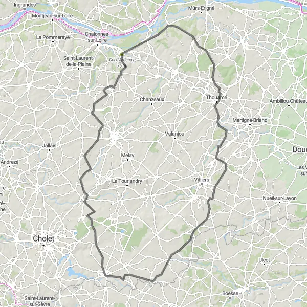 Map miniature of "Maulévrier to Saint-Paul-du-Bois Epic Ride" cycling inspiration in Pays de la Loire, France. Generated by Tarmacs.app cycling route planner