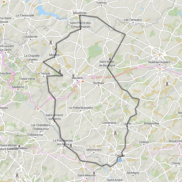 Map miniature of "The Amand-sur-Sèvre Loop" cycling inspiration in Pays de la Loire, France. Generated by Tarmacs.app cycling route planner