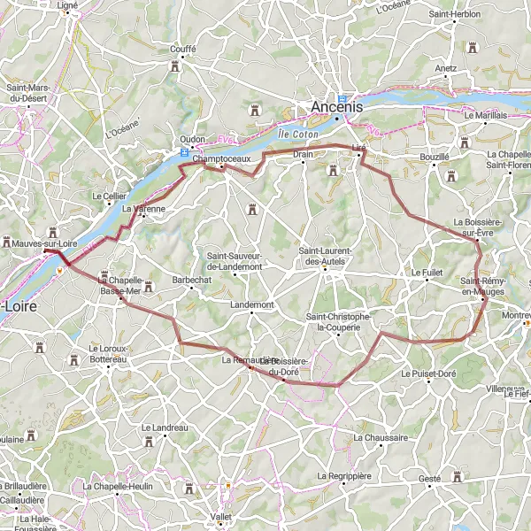 Map miniature of "Gravel Adventure through Wooded Trails" cycling inspiration in Pays de la Loire, France. Generated by Tarmacs.app cycling route planner