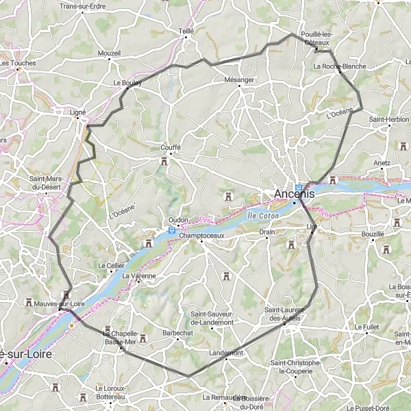 Map miniature of "The Road to History" cycling inspiration in Pays de la Loire, France. Generated by Tarmacs.app cycling route planner