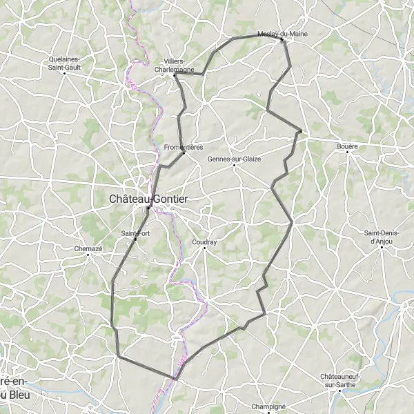 Miniature de la carte de l'inspiration cycliste "Tour des Châteaux de la Mayenne" dans la Pays de la Loire, France. Générée par le planificateur d'itinéraire cycliste Tarmacs.app