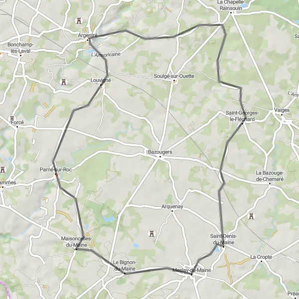 Map miniature of "Road Cycling Route Meslay-du-Maine #05" cycling inspiration in Pays de la Loire, France. Generated by Tarmacs.app cycling route planner