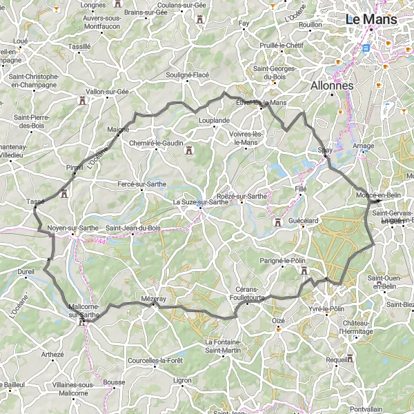 Map miniature of "The Charming Cérans-Foulletourte Road Journey" cycling inspiration in Pays de la Loire, France. Generated by Tarmacs.app cycling route planner