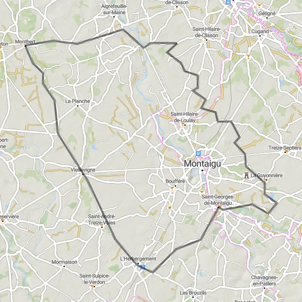 Miniature de la carte de l'inspiration cycliste "Circuit de Montbert et ses environs" dans la Pays de la Loire, France. Générée par le planificateur d'itinéraire cycliste Tarmacs.app