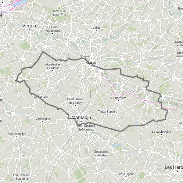 Miniature de la carte de l'inspiration cycliste "Tour à vélo de Maisdon-sur-Sèvre à Geneston" dans la Pays de la Loire, France. Générée par le planificateur d'itinéraire cycliste Tarmacs.app