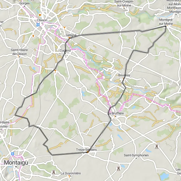 Map miniature of "Road Cycling Route near Montfaucon-Montigné" cycling inspiration in Pays de la Loire, France. Generated by Tarmacs.app cycling route planner