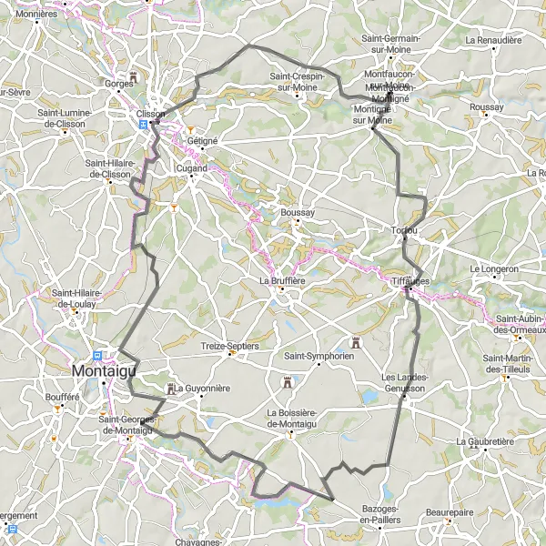 Miniature de la carte de l'inspiration cycliste "Boucle à vélo de route autour de Montfaucon-Montigné" dans la Pays de la Loire, France. Générée par le planificateur d'itinéraire cycliste Tarmacs.app