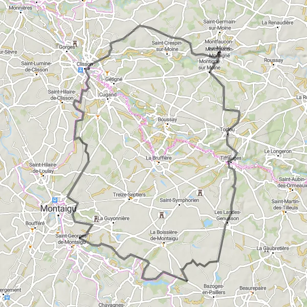 Map miniature of "Scenic Road Cycling Route around Montigné sur Moine" cycling inspiration in Pays de la Loire, France. Generated by Tarmacs.app cycling route planner