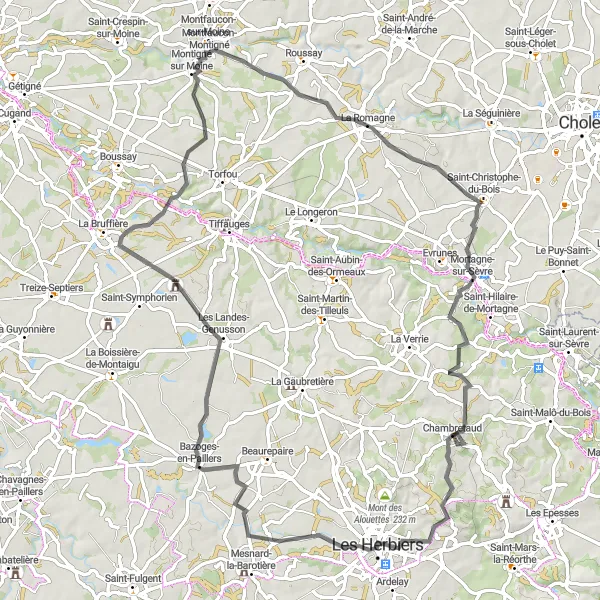 Map miniature of "Challenging Road Cycling Adventure in the Heart of Pays de la Loire" cycling inspiration in Pays de la Loire, France. Generated by Tarmacs.app cycling route planner