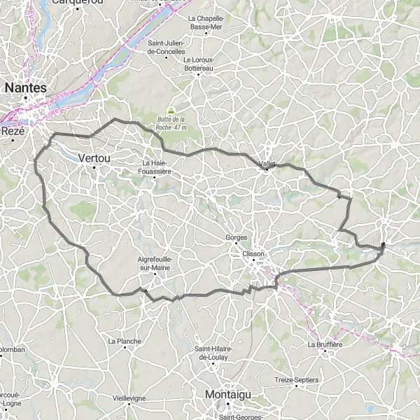 Miniature de la carte de l'inspiration cycliste "Les Paysages du Vignoble Nantais" dans la Pays de la Loire, France. Générée par le planificateur d'itinéraire cycliste Tarmacs.app