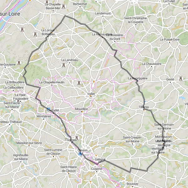 Map miniature of "Gétigné Gran Fondo" cycling inspiration in Pays de la Loire, France. Generated by Tarmacs.app cycling route planner