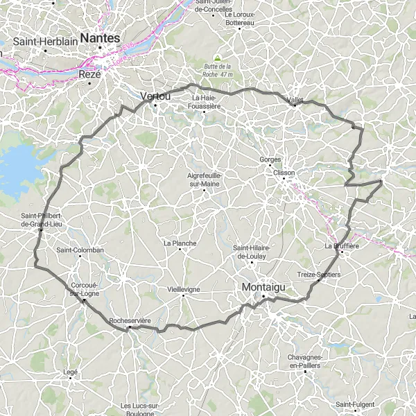 Map miniature of "Boussay to Saint-Crespin-sur-Moine Gravel Route" cycling inspiration in Pays de la Loire, France. Generated by Tarmacs.app cycling route planner