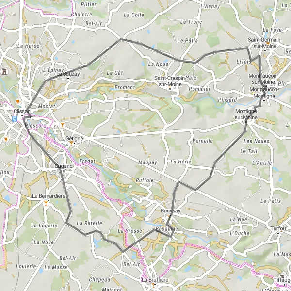 Map miniature of "Road Cycling Adventure through Boussay, Château de Clisson, and Saint-Germain-sur-Moine" cycling inspiration in Pays de la Loire, France. Generated by Tarmacs.app cycling route planner