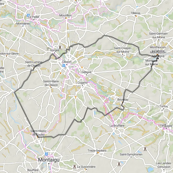Map miniature of "Clisson and Vineyards Road Cycling Route" cycling inspiration in Pays de la Loire, France. Generated by Tarmacs.app cycling route planner