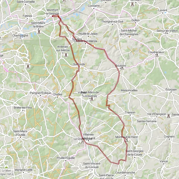 Map miniature of "Gravel Adventure to Château de Montfort-le-Gesnois" cycling inspiration in Pays de la Loire, France. Generated by Tarmacs.app cycling route planner