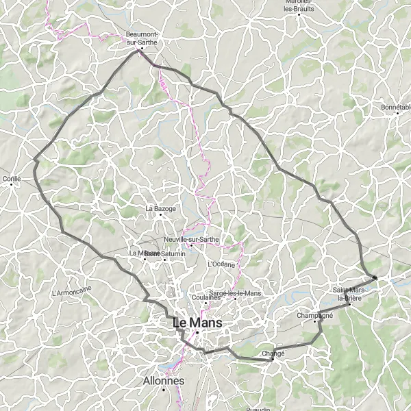 Map miniature of "The Sarthe Circuit" cycling inspiration in Pays de la Loire, France. Generated by Tarmacs.app cycling route planner