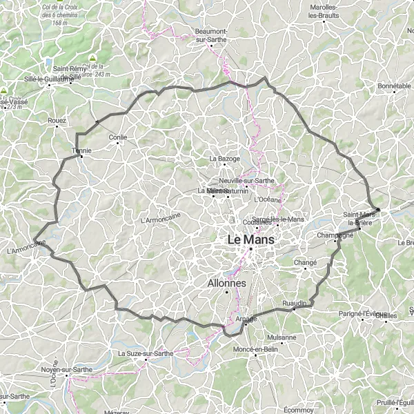 Map miniature of "Champagné to Sillé-le-Philippe Excursion" cycling inspiration in Pays de la Loire, France. Generated by Tarmacs.app cycling route planner