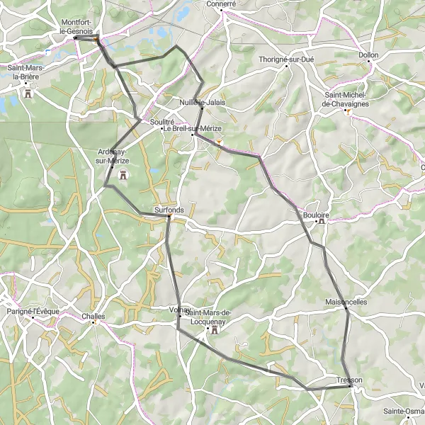 Map miniature of "Scenic Road Cycling in the Loir Valley" cycling inspiration in Pays de la Loire, France. Generated by Tarmacs.app cycling route planner