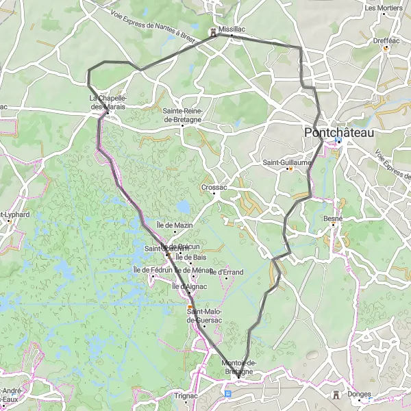 Miniature de la carte de l'inspiration cycliste "Boucle de La Chapelle-des-Marais" dans la Pays de la Loire, France. Générée par le planificateur d'itinéraire cycliste Tarmacs.app