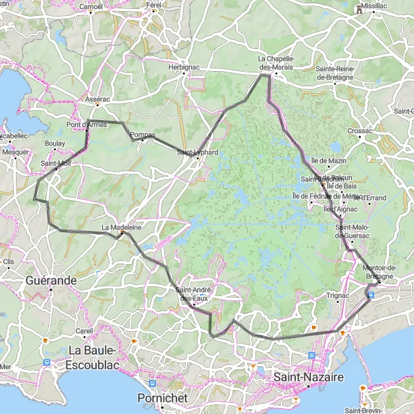 Miniature de la carte de l'inspiration cycliste "Tour de Redon" dans la Pays de la Loire, France. Générée par le planificateur d'itinéraire cycliste Tarmacs.app