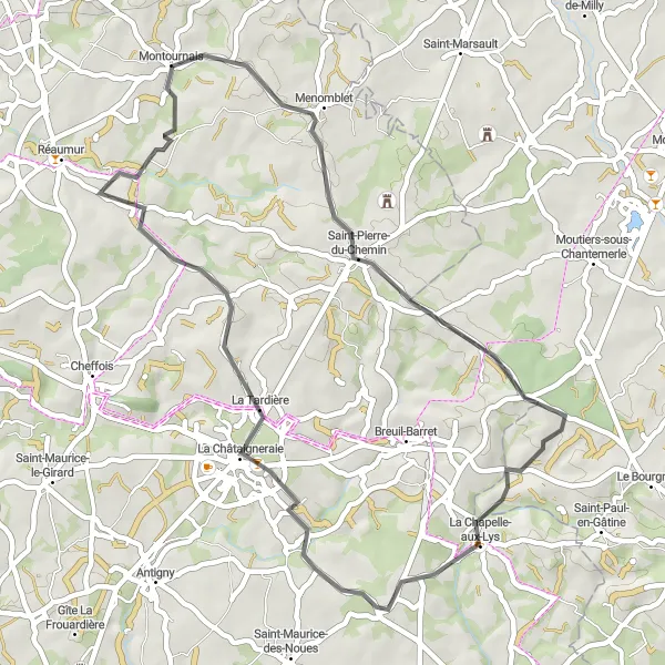Miniature de la carte de l'inspiration cycliste "Boucle vers Saint-Pierre-du-Chemin" dans la Pays de la Loire, France. Générée par le planificateur d'itinéraire cycliste Tarmacs.app