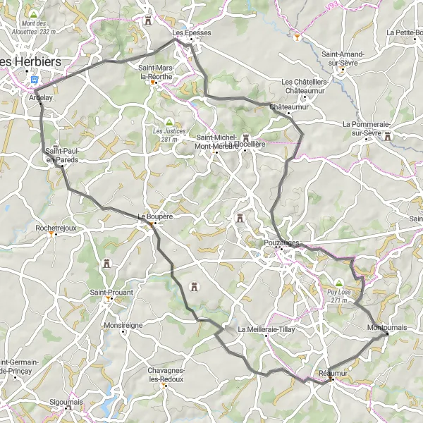 Map miniature of "Scenic Road Cycling near Montournais" cycling inspiration in Pays de la Loire, France. Generated by Tarmacs.app cycling route planner