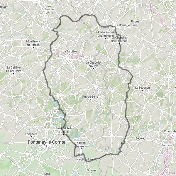 Map miniature of "Challenging road route with historic landmarks" cycling inspiration in Pays de la Loire, France. Generated by Tarmacs.app cycling route planner