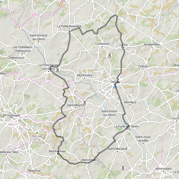 Map miniature of "Scenic road ride through picturesque villages" cycling inspiration in Pays de la Loire, France. Generated by Tarmacs.app cycling route planner