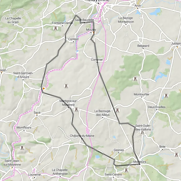Miniature de la carte de l'inspiration cycliste "Boucle de la Mayenne" dans la Pays de la Loire, France. Générée par le planificateur d'itinéraire cycliste Tarmacs.app