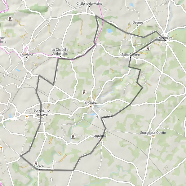 Miniature de la carte de l'inspiration cycliste "Les châteaux de la Mayenne en vélo" dans la Pays de la Loire, France. Générée par le planificateur d'itinéraire cycliste Tarmacs.app