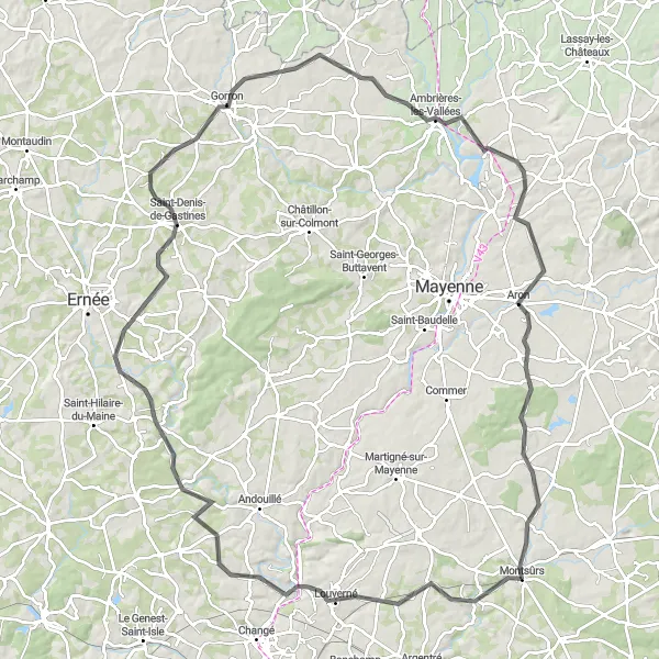 Miniature de la carte de l'inspiration cycliste "Les panoramas de la Mayenne en vélo" dans la Pays de la Loire, France. Générée par le planificateur d'itinéraire cycliste Tarmacs.app