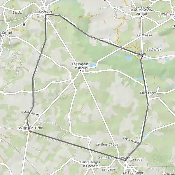 Miniature de la carte de l'inspiration cycliste "Le circuit nature de Montsûrs" dans la Pays de la Loire, France. Générée par le planificateur d'itinéraire cycliste Tarmacs.app