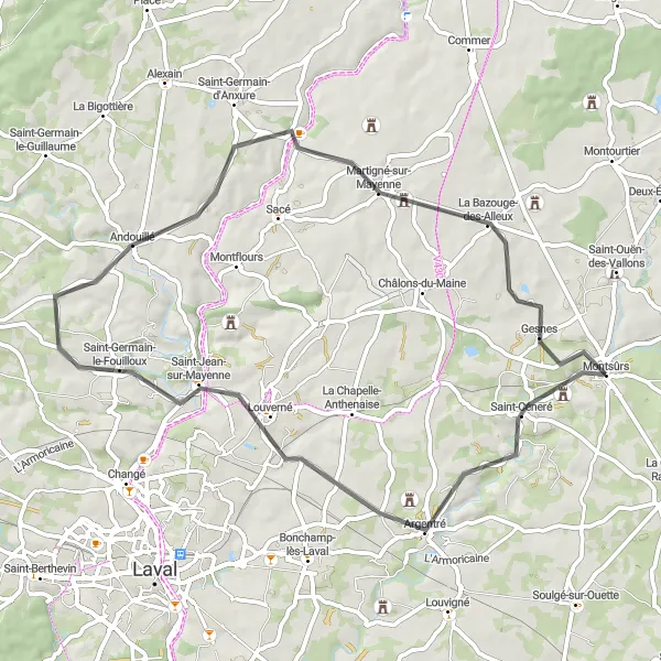 Miniature de la carte de l'inspiration cycliste "Circuit des églises romanes de la Mayenne" dans la Pays de la Loire, France. Générée par le planificateur d'itinéraire cycliste Tarmacs.app
