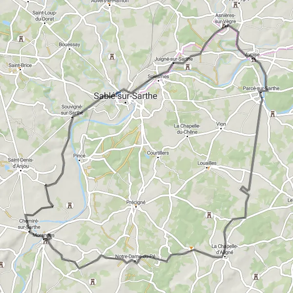 Miniature de la carte de l'inspiration cycliste "Tour Morannes-La Chapelle-d'Aligné" dans la Pays de la Loire, France. Générée par le planificateur d'itinéraire cycliste Tarmacs.app