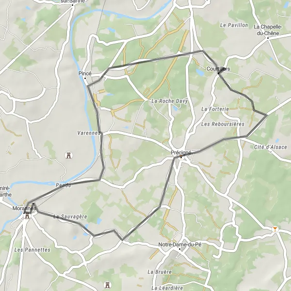 Map miniature of "Morannes to Manoir Les Grignons - Scenic Inland Route" cycling inspiration in Pays de la Loire, France. Generated by Tarmacs.app cycling route planner