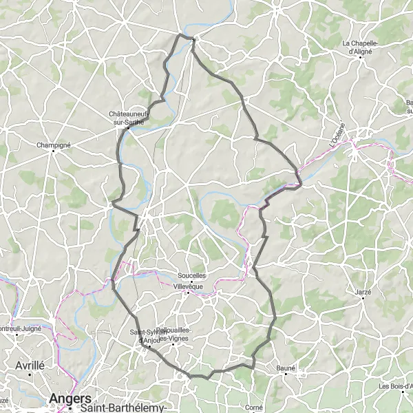 Map miniature of "Morannes to Huillé - Challenging Route" cycling inspiration in Pays de la Loire, France. Generated by Tarmacs.app cycling route planner