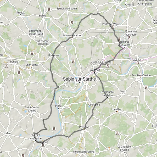 Map miniature of "Morannes to Manoir Les Grignons (Alternate Route)" cycling inspiration in Pays de la Loire, France. Generated by Tarmacs.app cycling route planner